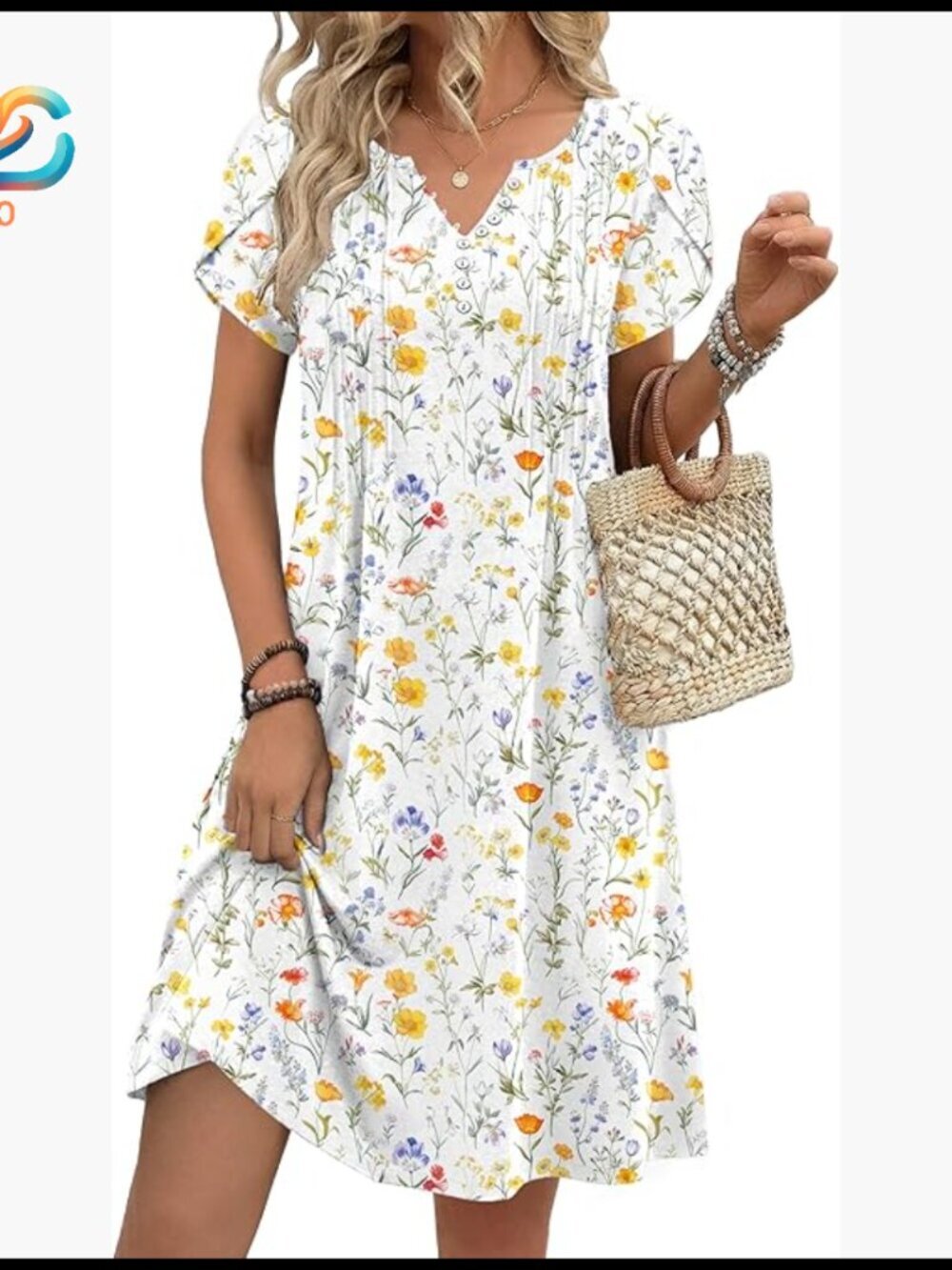 Floral V-Neck A-Line Mini Dress with Pockets, Short Sleeve Summer Casual